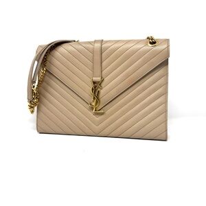 Saint Laurent Beige Large Grain de Poudre Chevron - Envelope Satchel YSL Bag